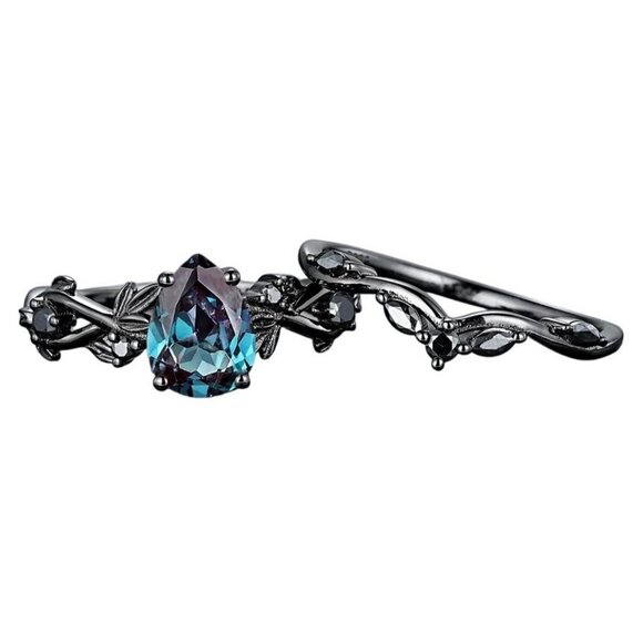 Pear Cut Alexandrite & Moissanite 2 piece Bridal Wedding engagement ring Rhodium - Picture 2 of 8